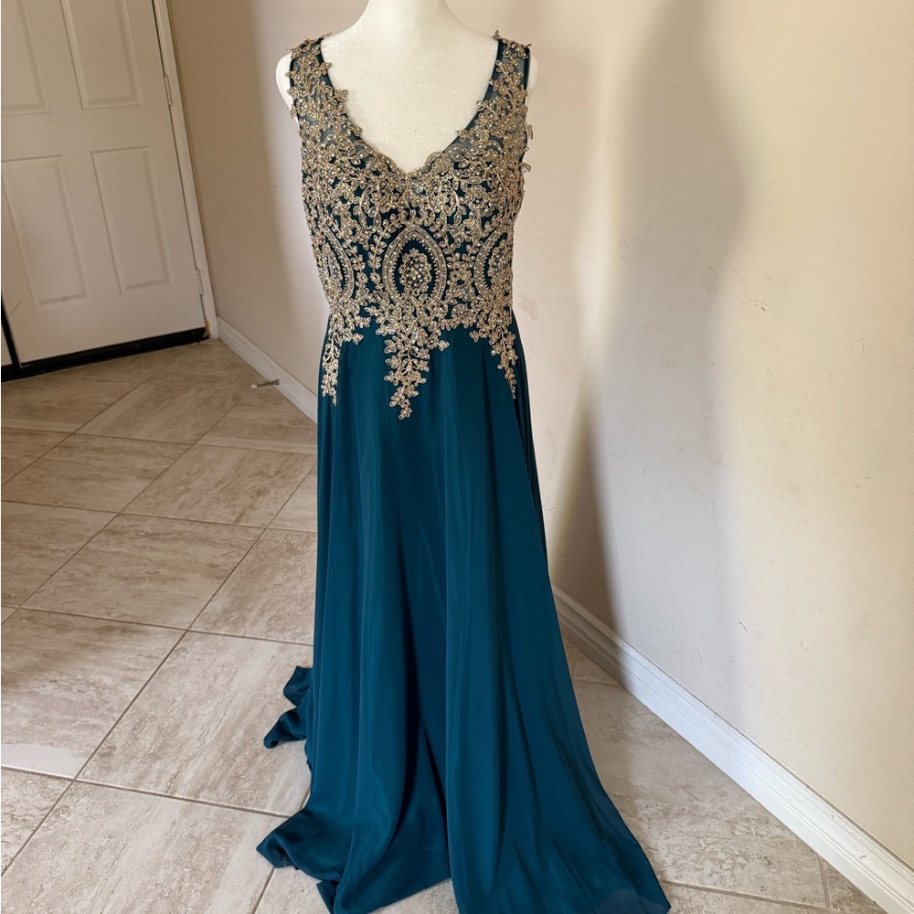 Elegant Teal and Gold Evening Gown